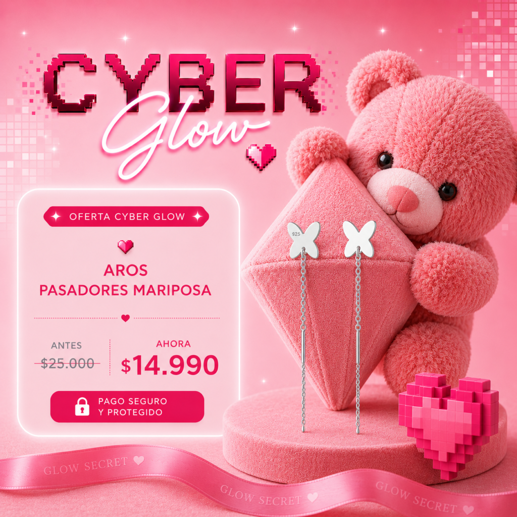 cyber-glow-aros-pasadores-mariposa-plata-925 Campaña Cyber Glow con aros pasadores mariposa plata 925 en composición premium rosa
