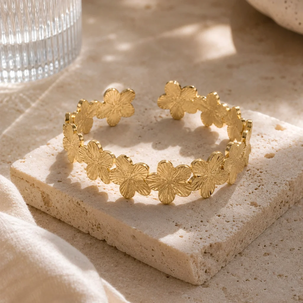 Brazalete Dorado Mujer Flores | Enchapado en Oro 18K y PVD