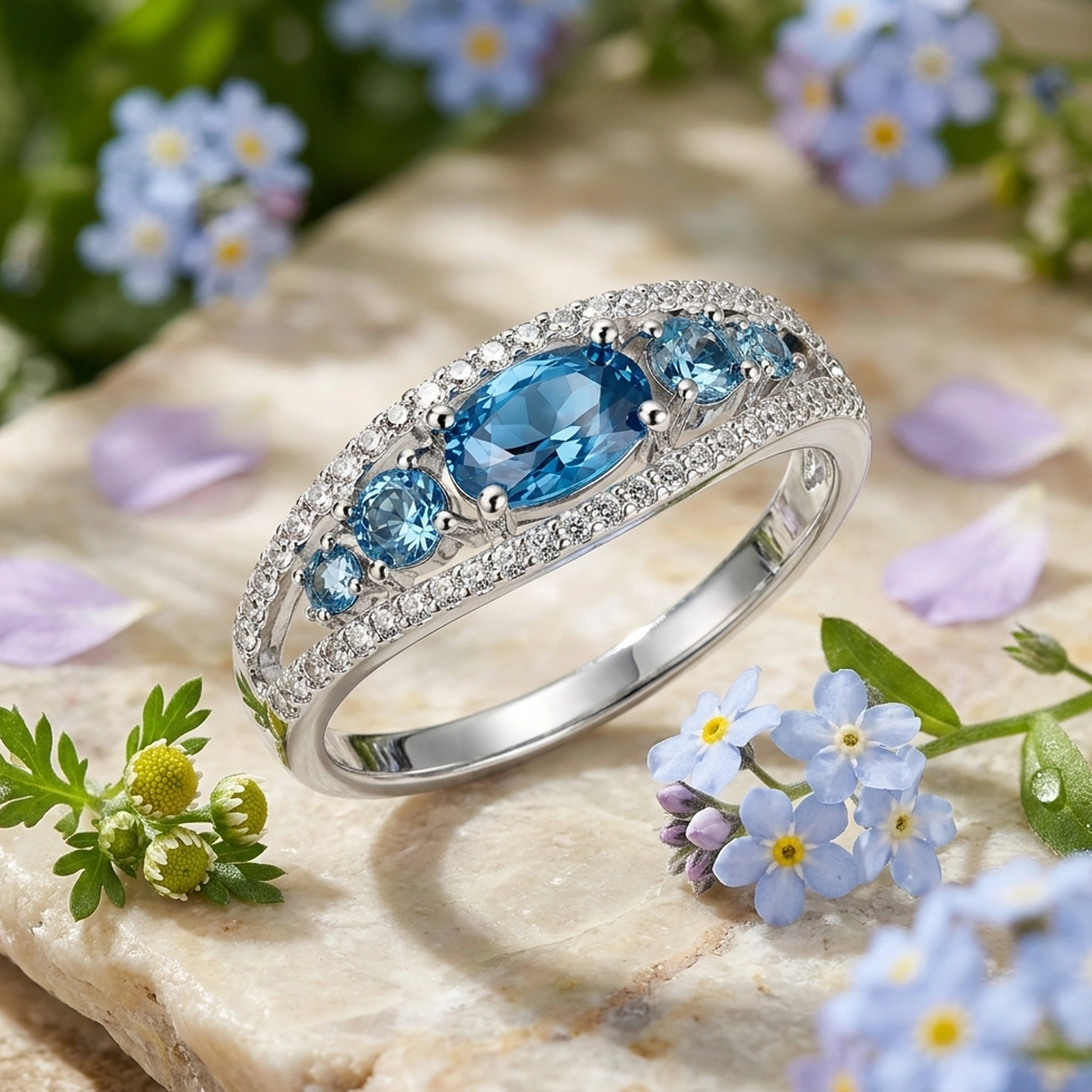 Anillo en Plata 925 y Cristales Azules | Spring Glow Anillo en Plata 925 y Cristales azules Spring Glow sobre piedra natural con flores.