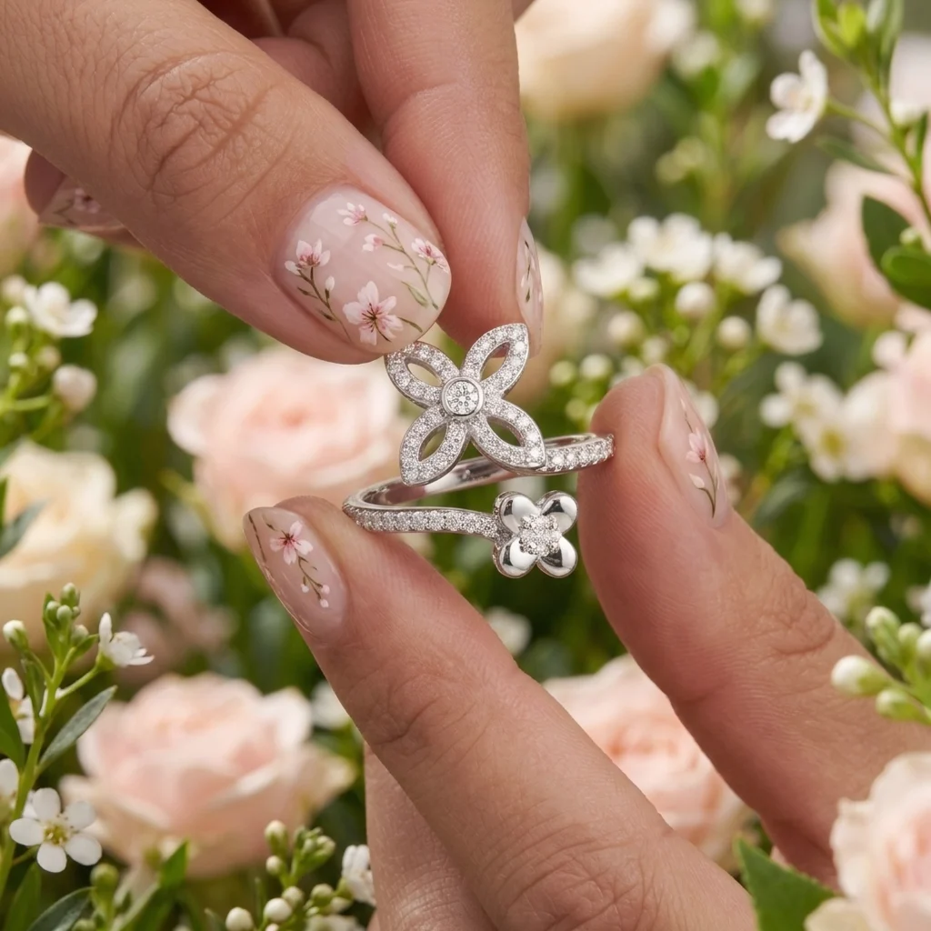 Anillo Primavera en Plata 925 con diseño floral y circones, sostenido entre las manos en un entorno natural Spring Glow.