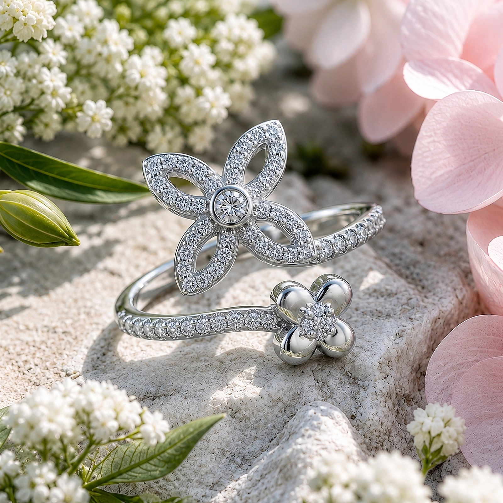 Anillo Primavera en Plata 925 | Colección Spring Glow de Glow Secret. Anillo Primavera en Plata 925 con diseño floral, flores con circones incrustados y punto de luz, presentado sobre elementos naturales de la colección Spring Glow de Glow Secret.