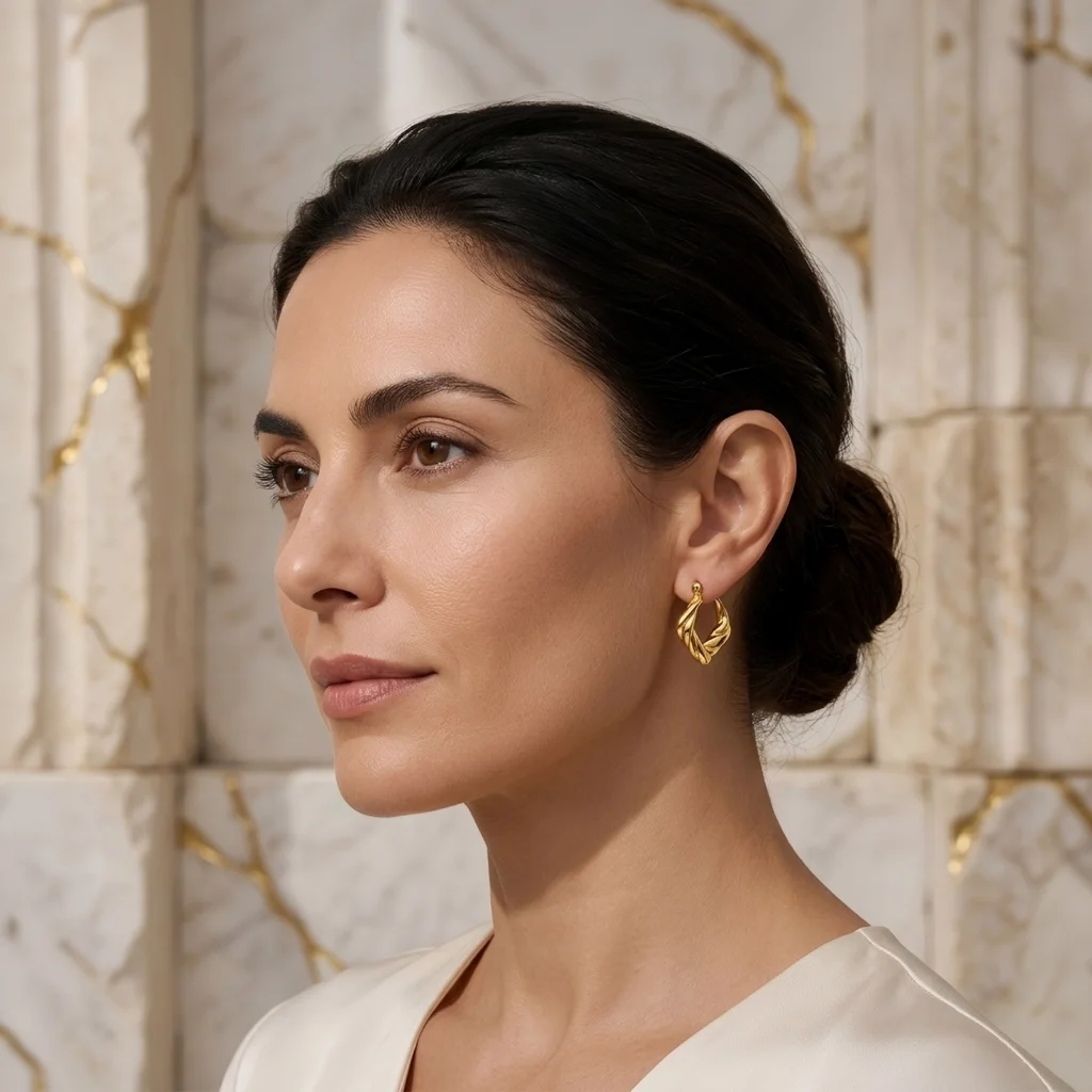 Mujer usando Aros Argolla Mujer Gold Essential de Glow Secret.