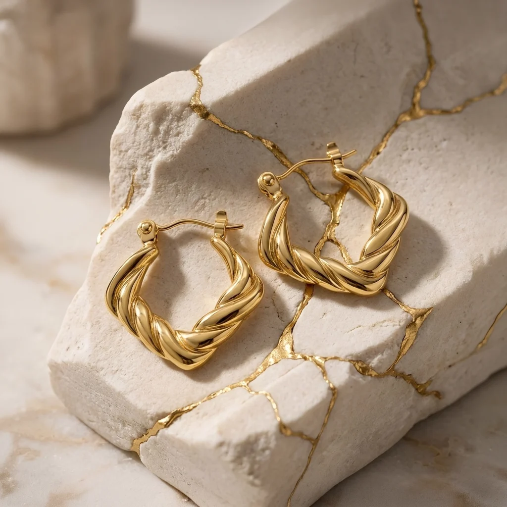 Aros Argolla Mujer Gold Essential en escena de inspiración griega - Glow Secret | Joyería en Plata y Oro.