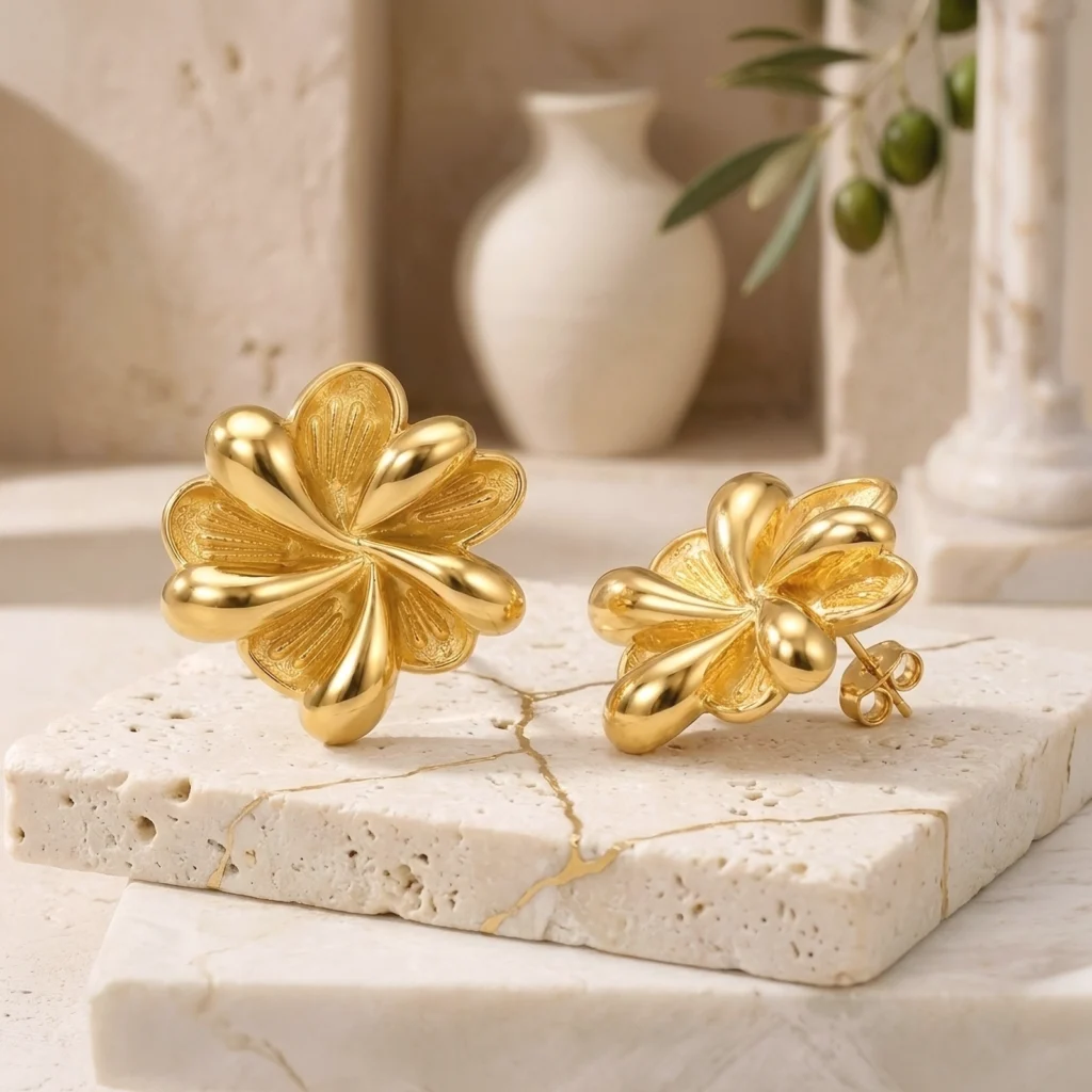 Aros dorados flor mujer de Glow Secret colección Gold Essential sobre superficie decorativa.