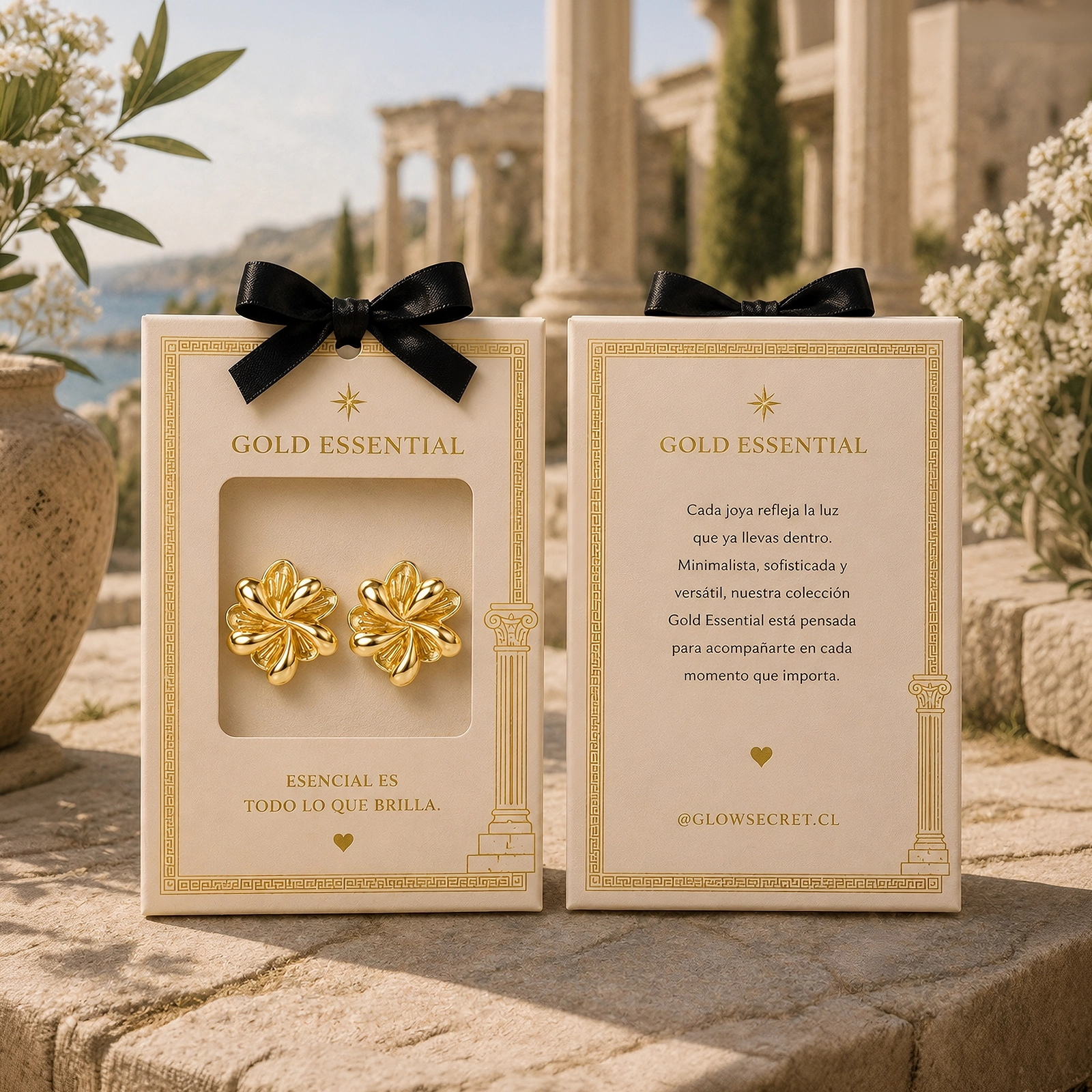 Aros Dorados Flor Mujer | Packaging Gold Essential Aros dorados flor mujer en packaging Gold Essential de Glow Secret.