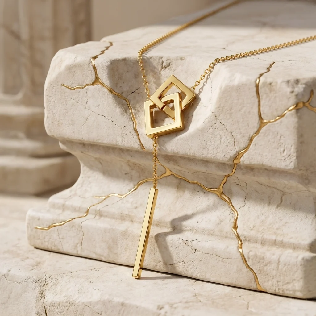 Collar dorado elegante con caída Gold Essential sobre piedra natural.