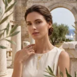Collar Dorado Elegante con Caída Mujer | Gold Essential Mujer usando collar dorado elegante con caída Gold Essential.