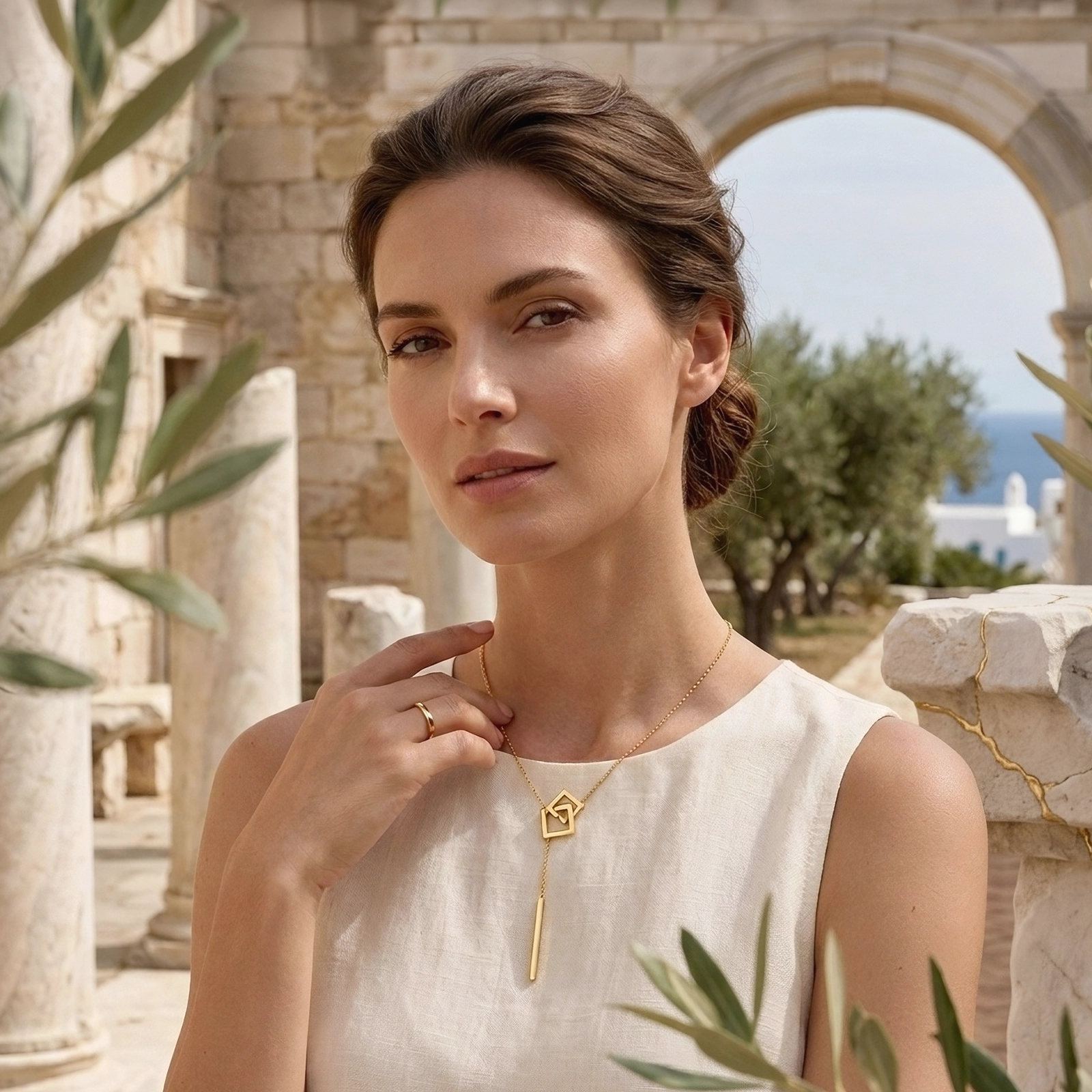 Collar Dorado Elegante con Caída Mujer | Gold Essential Mujer usando collar dorado elegante con caída Gold Essential.