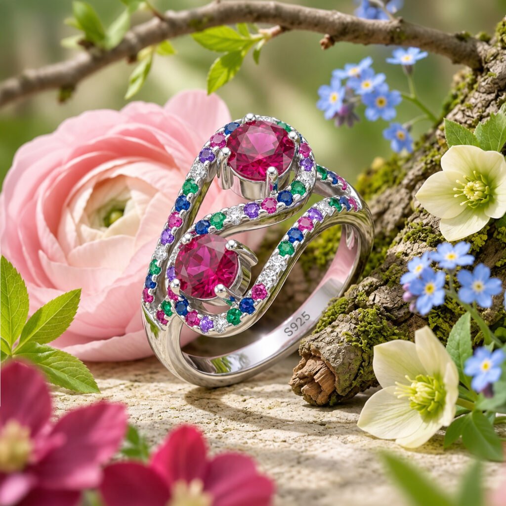 Anillo Doble Rubí en Plata 925 de Glow Secret en escenario natural de Spring Glow.