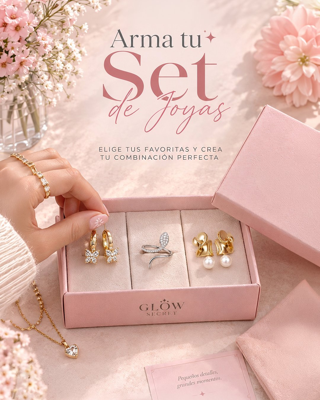 Arma tu Set de Joyas Glow Secret: elige 3 piezas en Plata 925 u Oro 18K sin reglas.