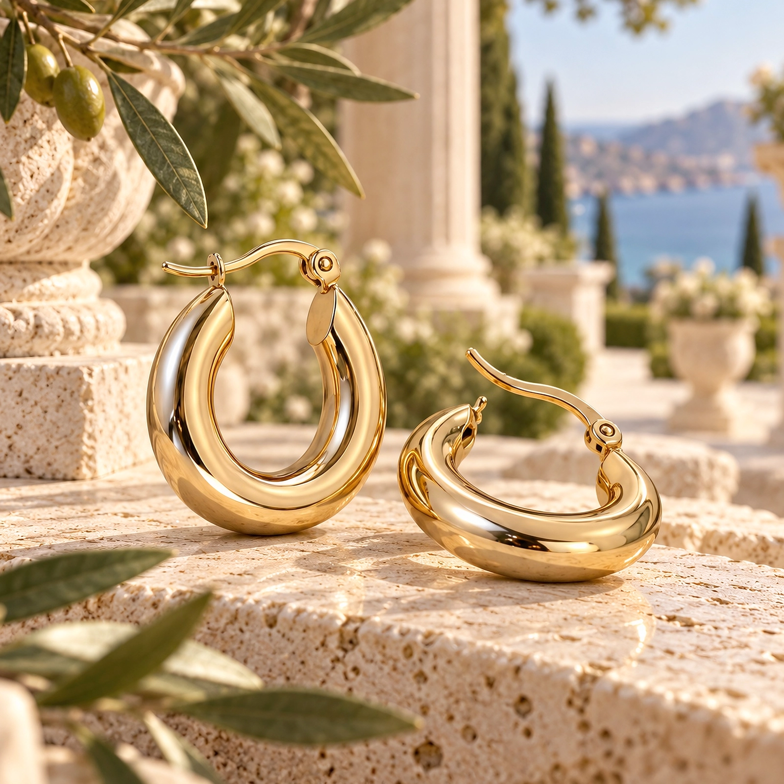 Aros Argolla Dorados Gold Essential | Glow Secret Aros Argolla Dorados Gold Essential en ambiente mediterráneo de Glow Secret