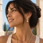 Mujer usando Aros Dorados con Perla de la colección Gold Essential de Glow Secret, con diseño dorado y perla colgante.