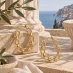 Aros Dorados Livianos con eslabones en Oro 18K utilizados por una mujer | Gold Essential de Glow Secret.