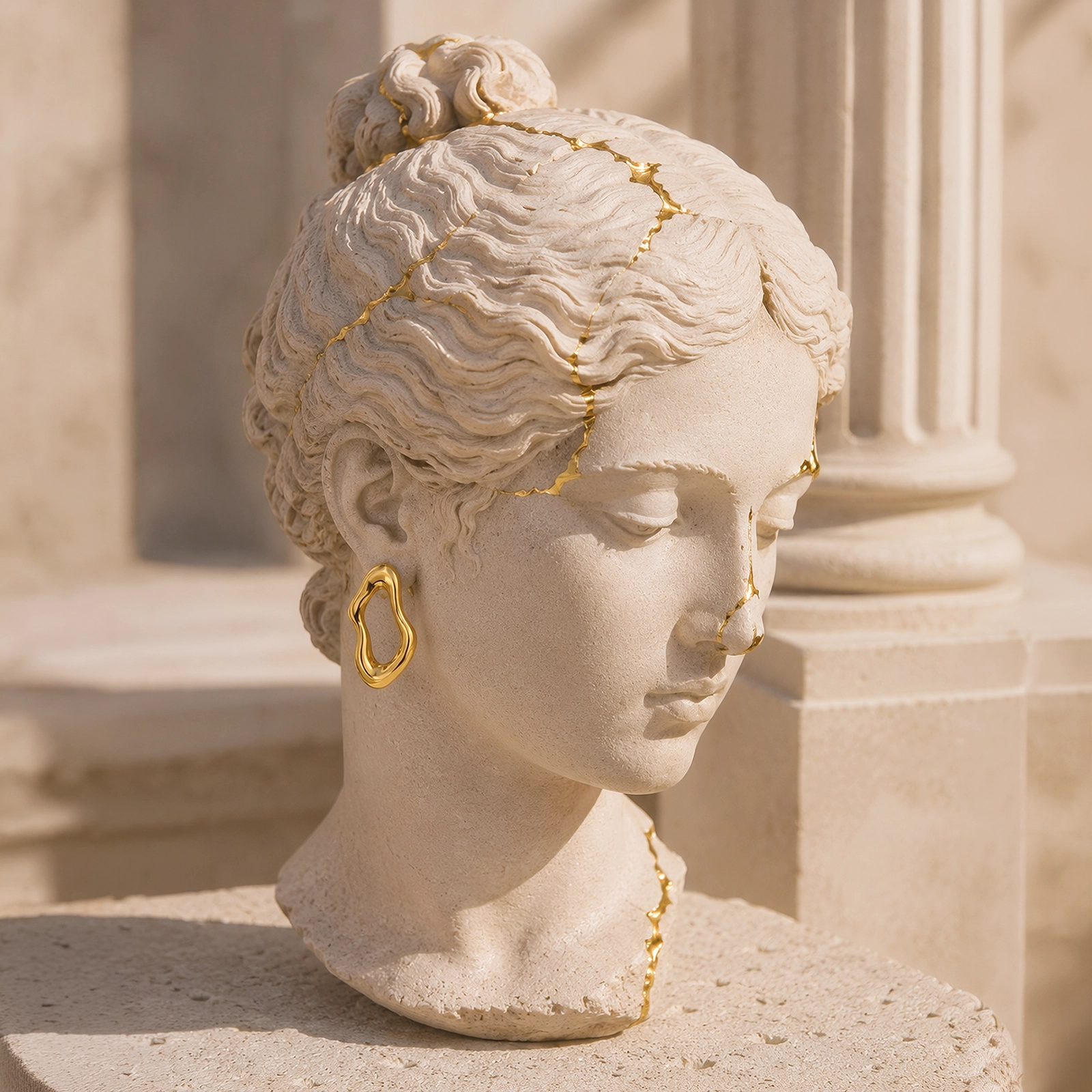 Aro dorado orgánico enchapado en Oro 18K, de diseño escultórico y asimétrico, sobre una escultura clásica.