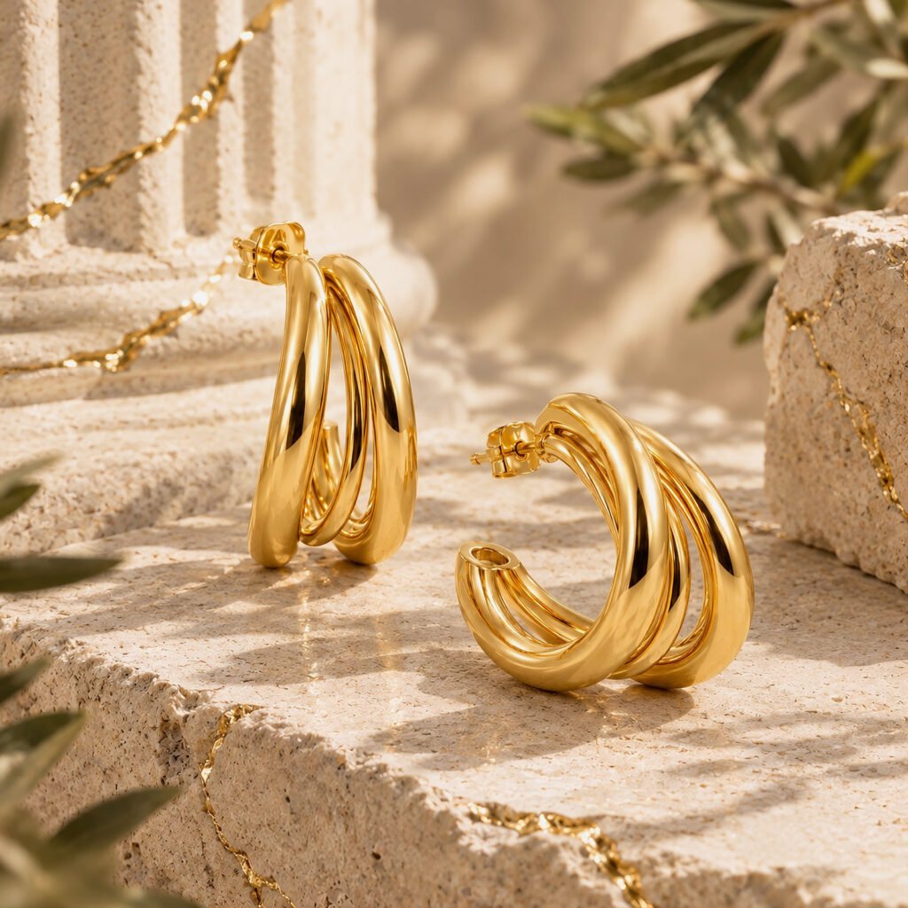 Aros Dorados Triple Argolla de Gold Essential chapados en Oro 18K.