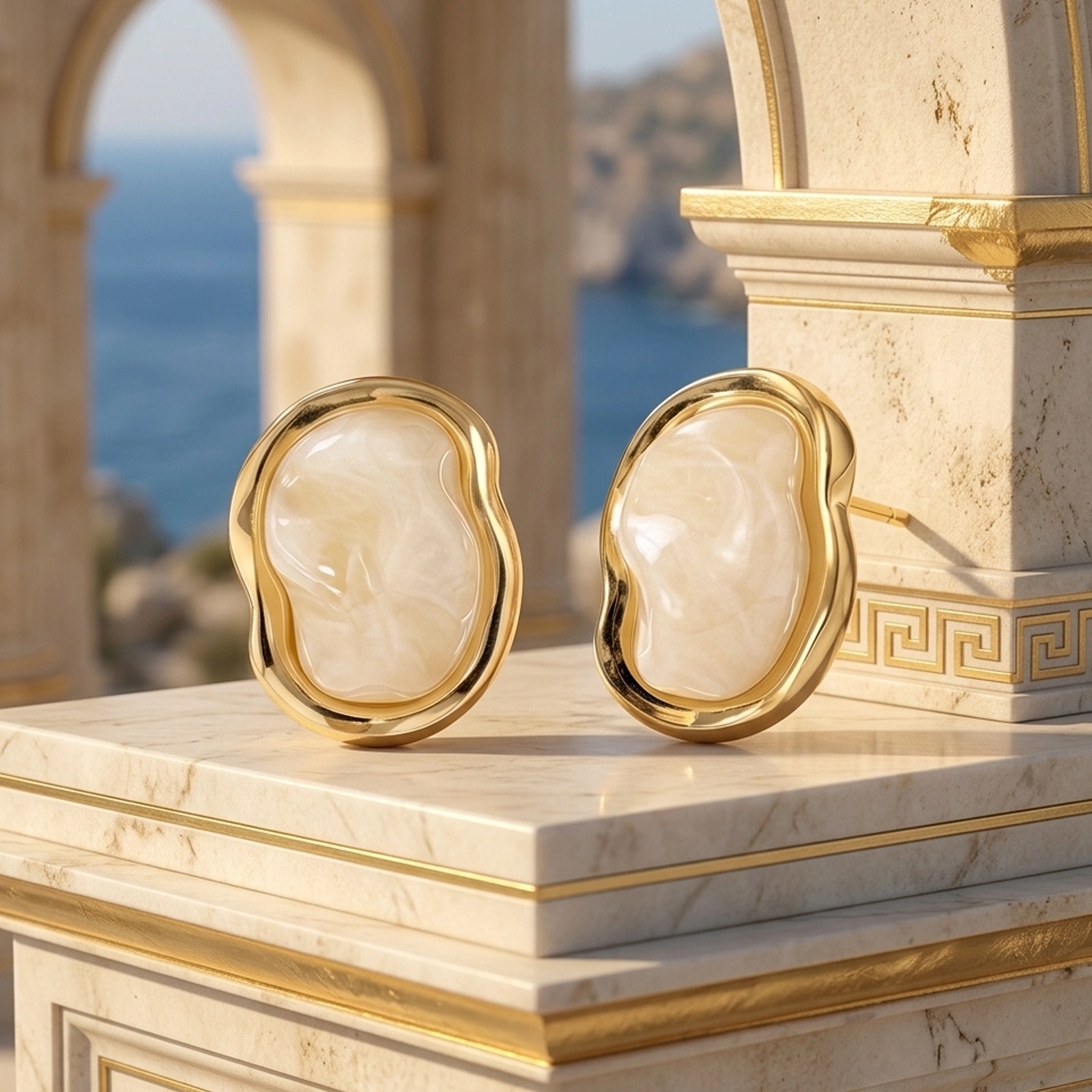Aros Perla Orgánica de oro 18K Glow Secret Gold Essential en escenario mediterráneo.