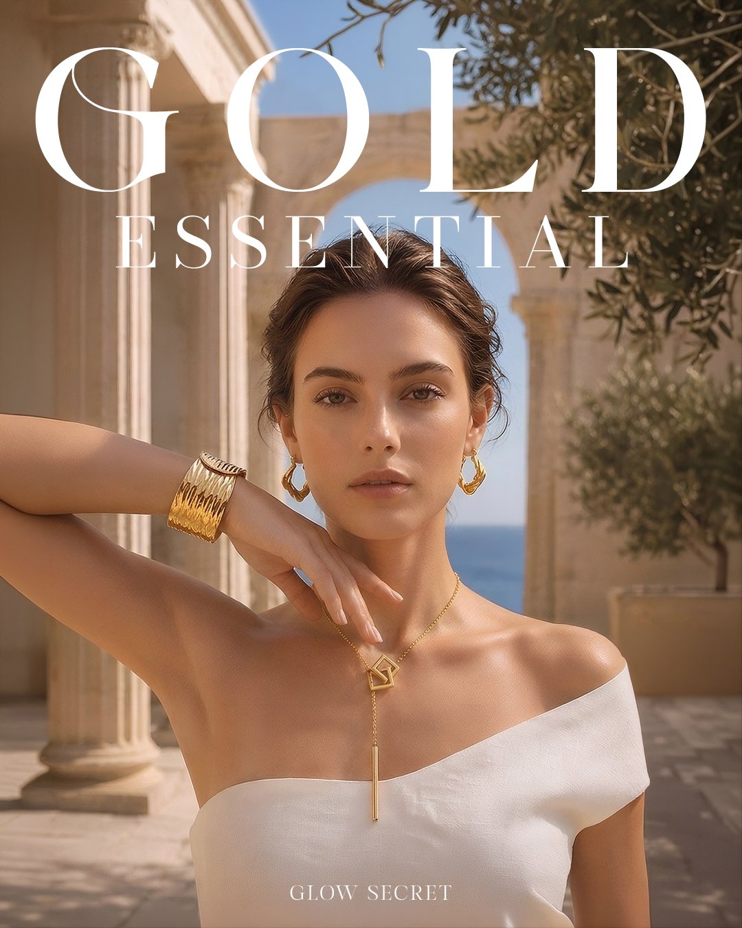 Mujer usando joyas doradas enchapadas en Oro 18K de la colección Gold Essential de Glow Secret.