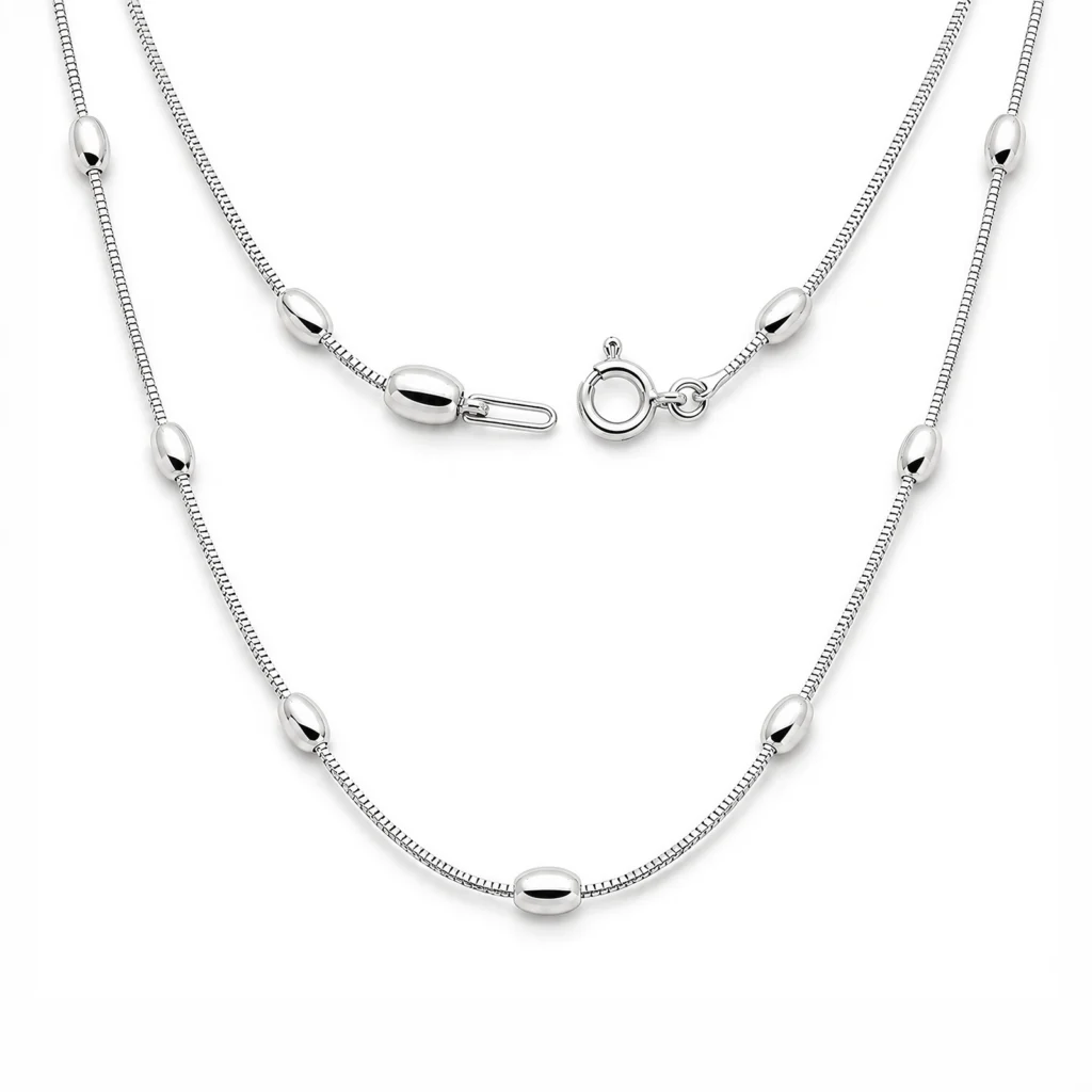 Collar Largo de Plata 925 Mujer 55 cm | Glow Secret Collar Largo de Plata 925 Mujer de 55 cm sobre fondo blanco, con cadena veneciana, detalles ovalados y cierre circular.