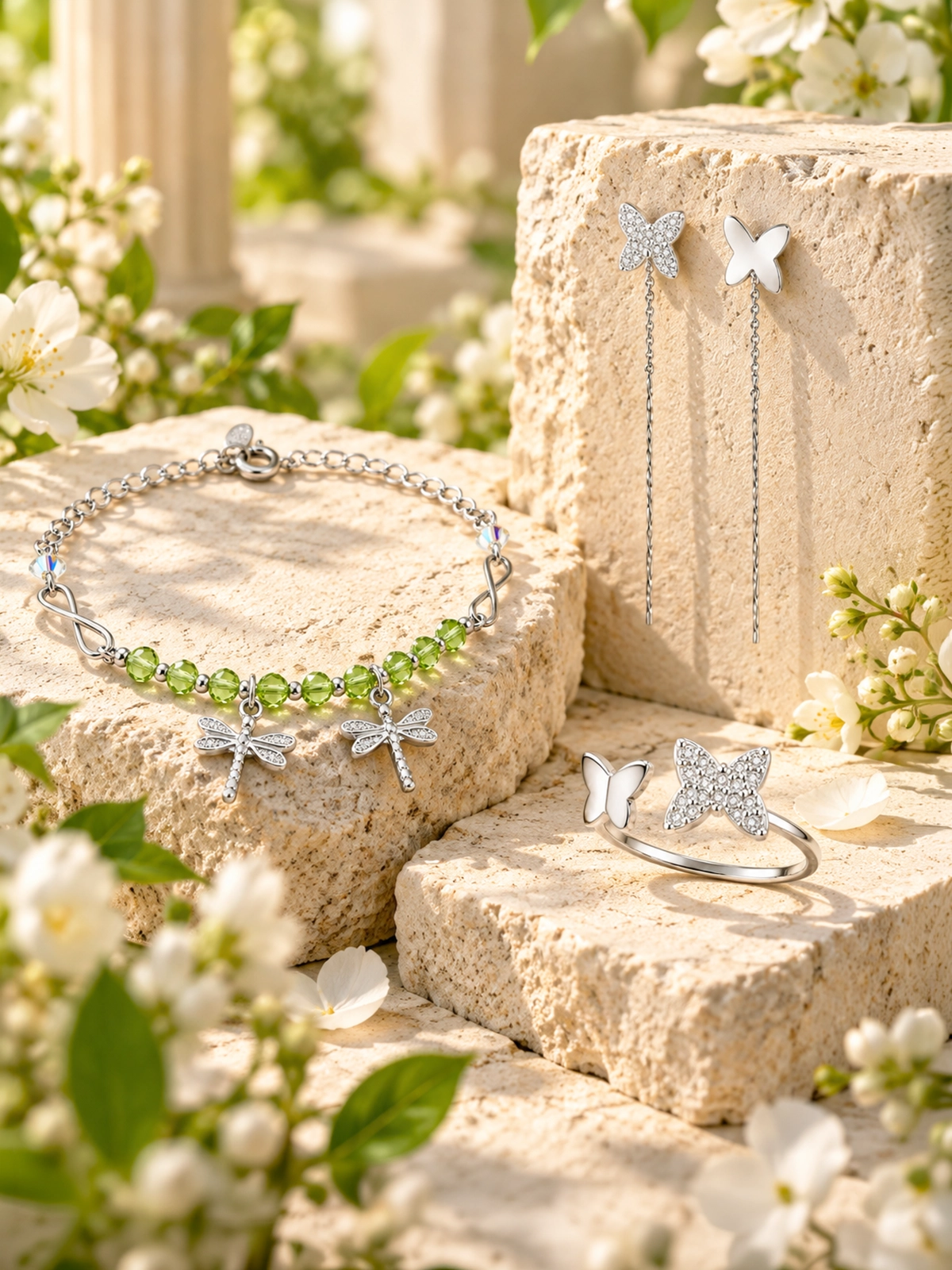 Spring Glow: combinación editorial de pulsera, aros y anillo inspirados en la primavera