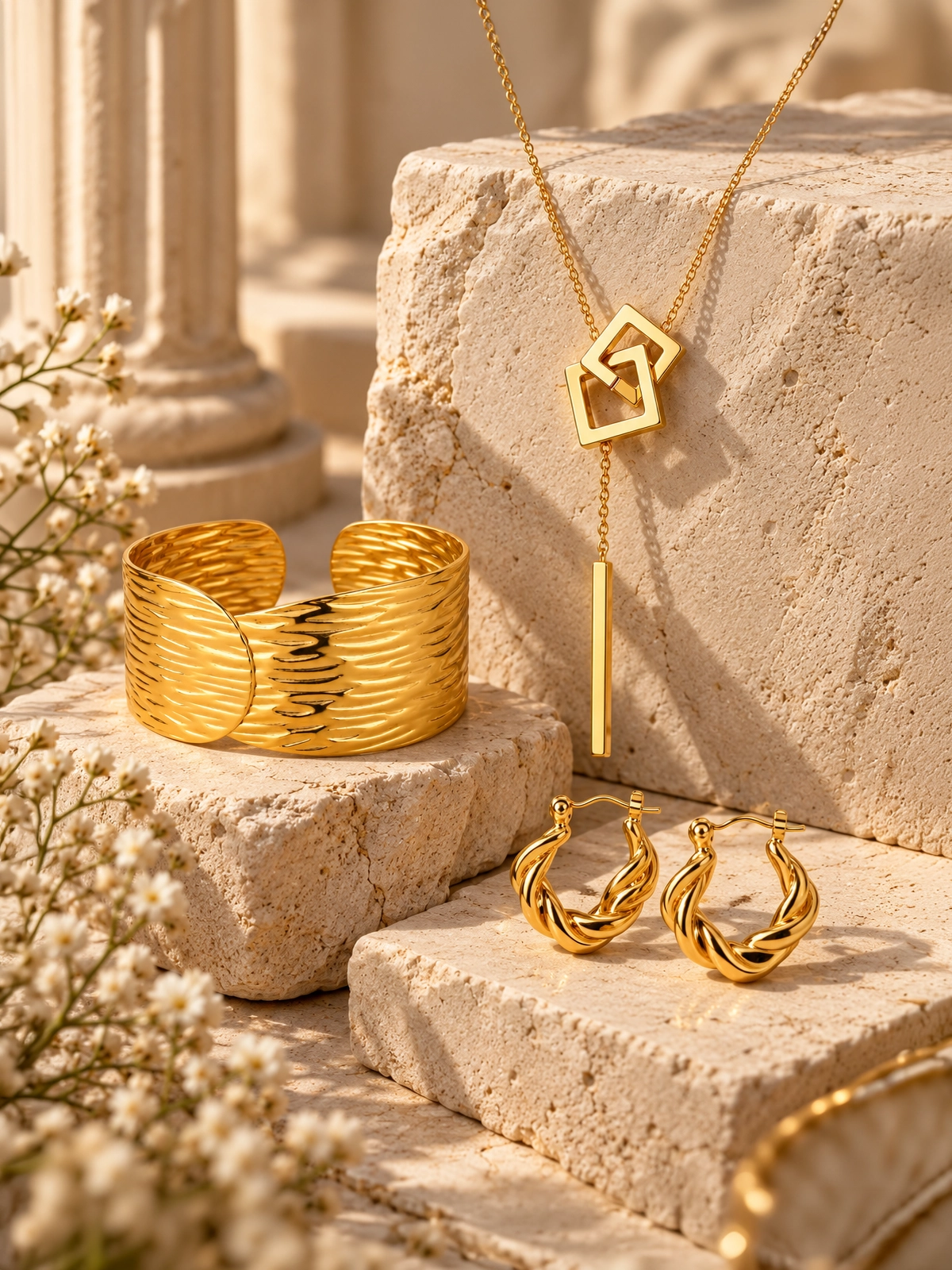 Gold Essential: brazalete dorado texturizado, collar geométrico con caída y aros argolla entre ruinas mediterráneas