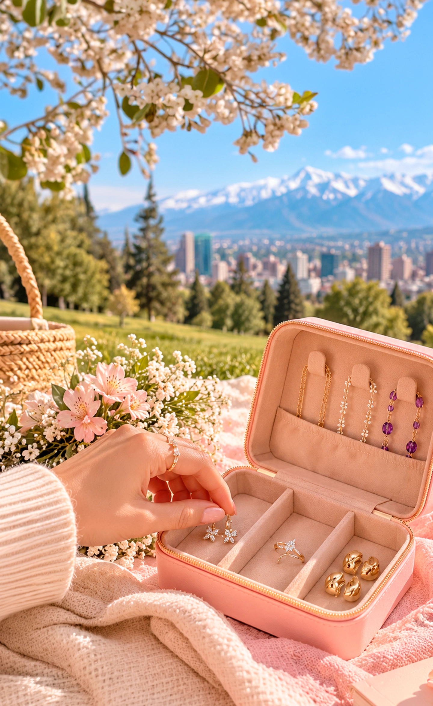 Crea tu Set de Joyas de Glow Secret: una mujer elige joyas de un joyero de viaje rosado durante un picnic primaveral en Santiago de Chile, con la cordillera de los Andes al fondo.